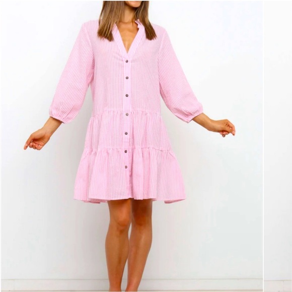 Petal & Pup Dresses & Skirts - Petal & Pup Astro Pink Stripe Seersucker Babydoll Button Down Flowy Dress
